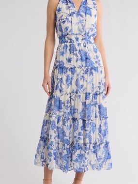 Halogen White Maxi Dress with Blue Floral Print